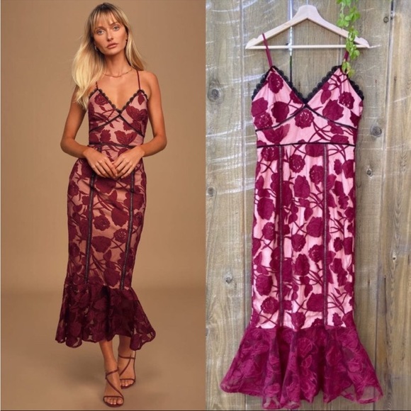Lulus Dresses & Skirts - Burgundy Floral Mesh Lace Trumpet Midi Dress 🌿